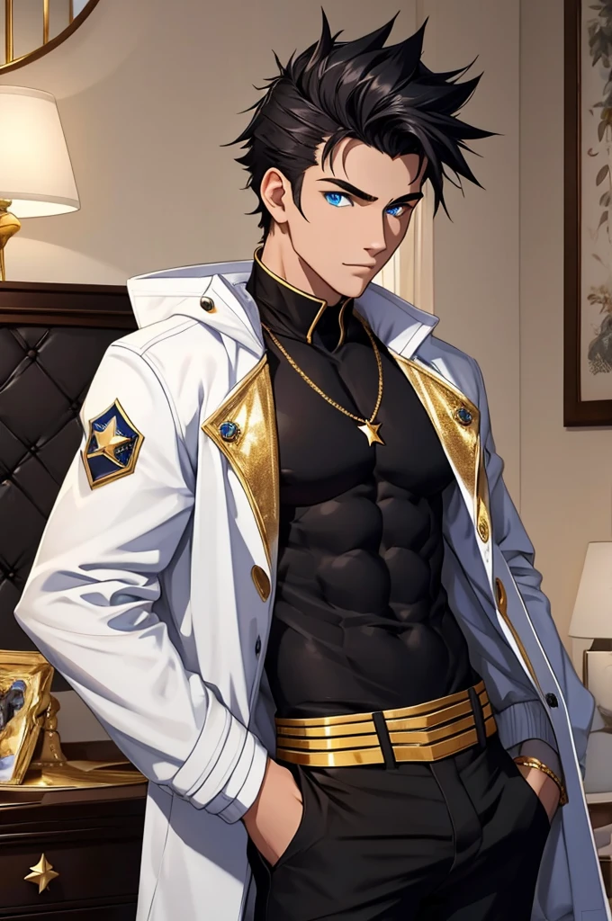 A handsome and sensual 18-year-old male, athletic body, black spiky hair, blue eyes with star-shaped pupils, white jacket with gold details, no shirt under the jacket, black pants with details in gold. In the bedroom.