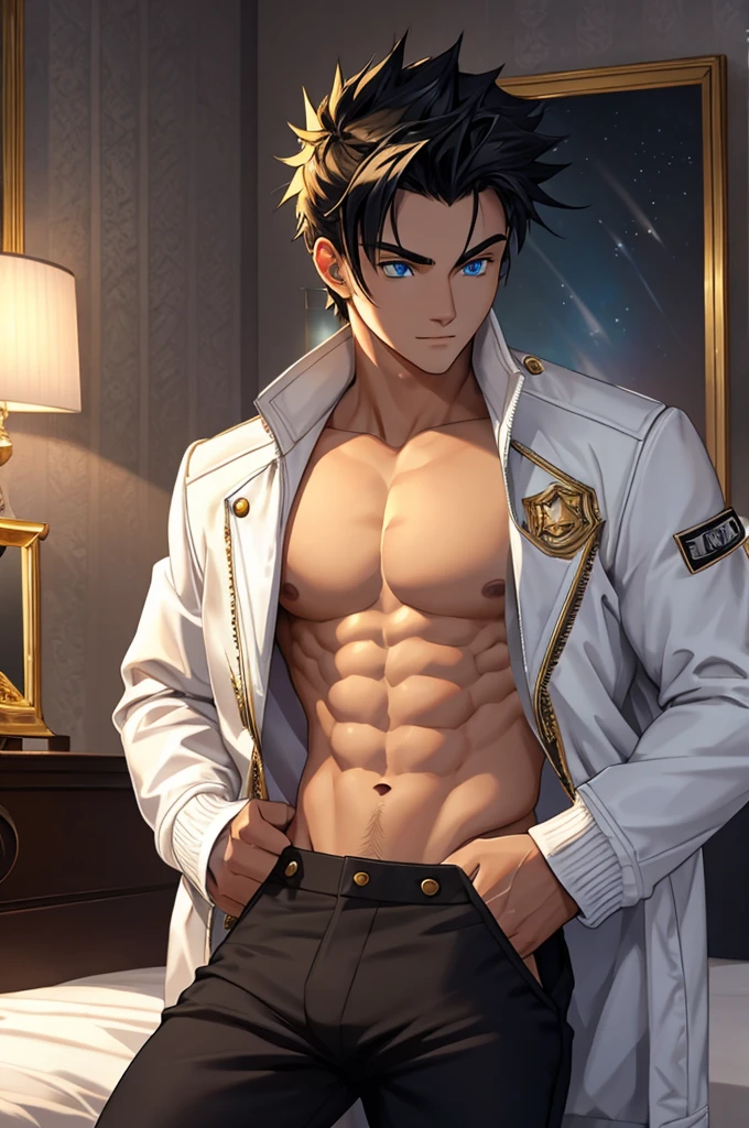 A handsome and sensual 18-year-old male, athletic body, black spiky hair, blue eyes with star-shaped pupils, white jacket with gold details, no shirt under the jacket, black pants with details in gold.  In the bedroom.