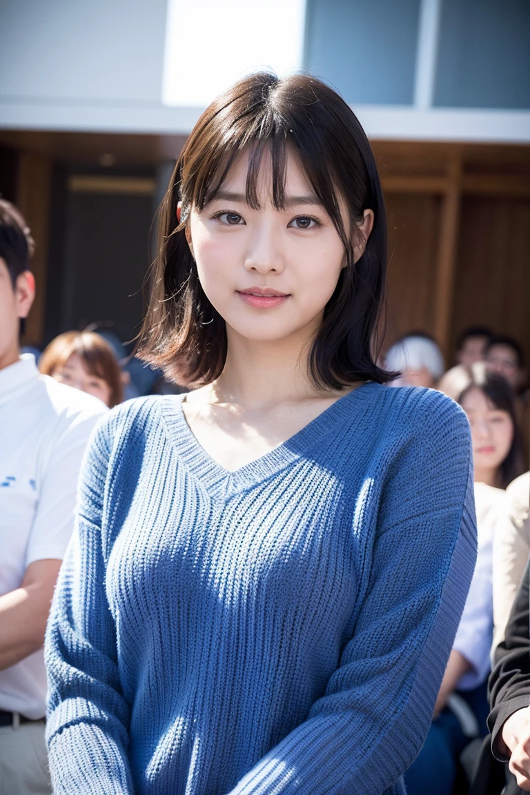(8K, RAW Photos, Highest quality, masterpiece:1.2), Very detailed, Super Resolution, (Realistic, Realistic Photo:1.37), Portraiture, High-resolution RAW color photos, Professional photos, Very detailedで美新しい, Very detailed, 8K壁紙, Amazing details, Large file size, Official Art, highly detailed CG unity 8K壁紙, Very detailed美少女, Very detailed顔, Very detailed目, Very detailed肌, Very detailed指, Very detailed鼻, Very detailed詳細な口 , Perfect Anatomy, Very detailed背景, Very detailed衣服, 1 Girl,, 20th generation, Cute girl, Realistic body, small, Fair skin, Glowing Skin , Black Hair , Curly Hair、 smile, Cute face, Realistic face, Delicate eyes, V-neck blue knit dress, Looking at the audience, Cowboy Shot, Dynamic Lighting,