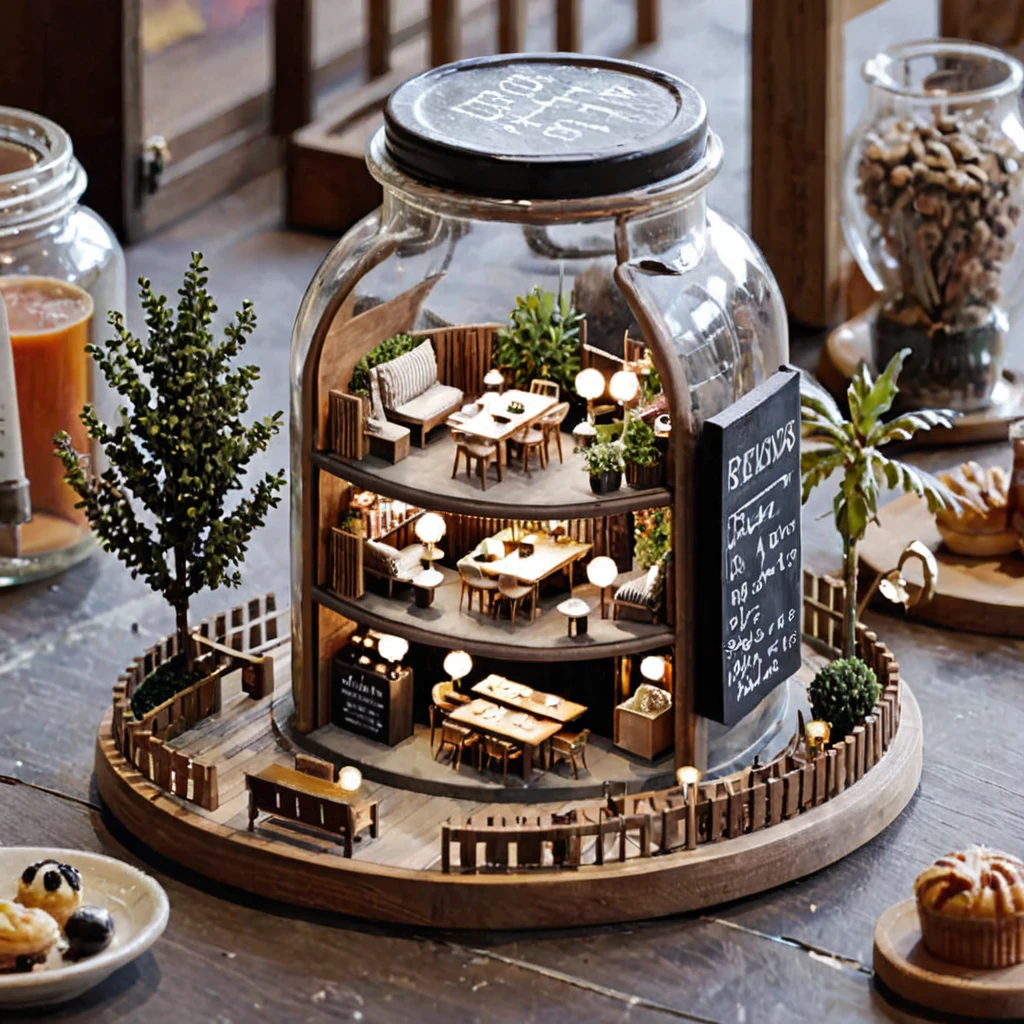 (masterpiece, top quality, best quality),(ultra-detailed, absolutely resolution),((16k, high res)),
BREAK {The miniature material is unified with balsa wood},
BREAK {miniature café inside a glass bottle. The café should feature tiny tables and chairs, a counter with a coffee machine, and shelves with pastries and coffee cups. The glass bottle should be clear and placed on a surface, with soft natural lighting to highlight the intricate details of the café setup. Include small decorative elements like potted plants, hanging lights, and a chalkboard menu to enhance the cozy atmosphere}
BREAK { (produces images with information more than 40 million pixels with cinematic-like detailed textures shot on a Sony SLR).}