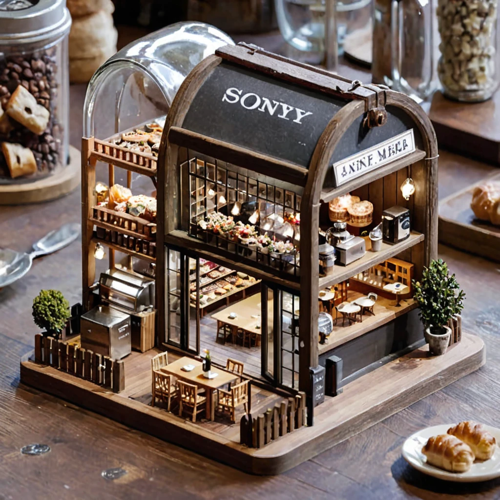 (masterpiece, top quality, best quality),(ultra-detailed, absolutely resolution),((16k, high res)),
BREAK {The miniature material is unified with balsa wood},
BREAK {miniature café inside a glass bottle. The café should feature tiny tables and chairs, a counter with a coffee machine, and shelves with pastries and coffee cups. The glass bottle should be clear and placed on a surface, with soft natural lighting to highlight the intricate details of the café setup. Include small decorative elements like potted plants, hanging lights, and a chalkboard menu to enhance the cozy atmosphere}
BREAK { (produces images with information more than 40 million pixels with cinematic-like detailed textures shot on a Sony SLR).}