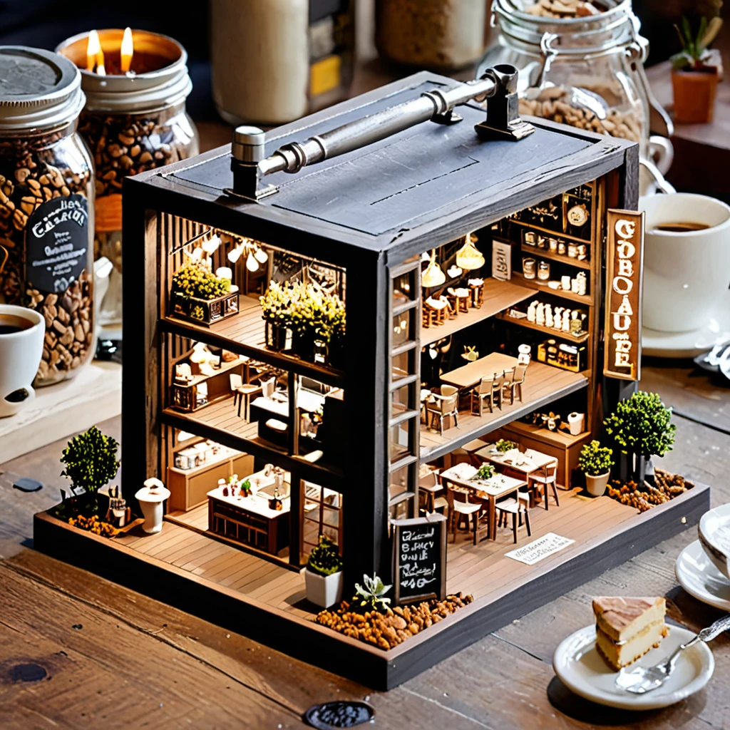 (masterpiece, top quality, best quality),(ultra-detailed, absolutely resolution),((16k, high res)),
BREAK {The miniature material is unified with balsa wood},
BREAK {miniature café inside a glass bottle. The café should feature tiny tables and chairs, a counter with a coffee machine, and shelves with pastries and coffee cups. The glass bottle should be clear and placed on a surface, with soft natural lighting to highlight the intricate details of the café setup. Include small decorative elements like potted plants, hanging lights, and a chalkboard menu to enhance the cozy atmosphere}
BREAK { (produces images with information more than 40 million pixels with cinematic-like detailed textures shot on a Sony SLR).}