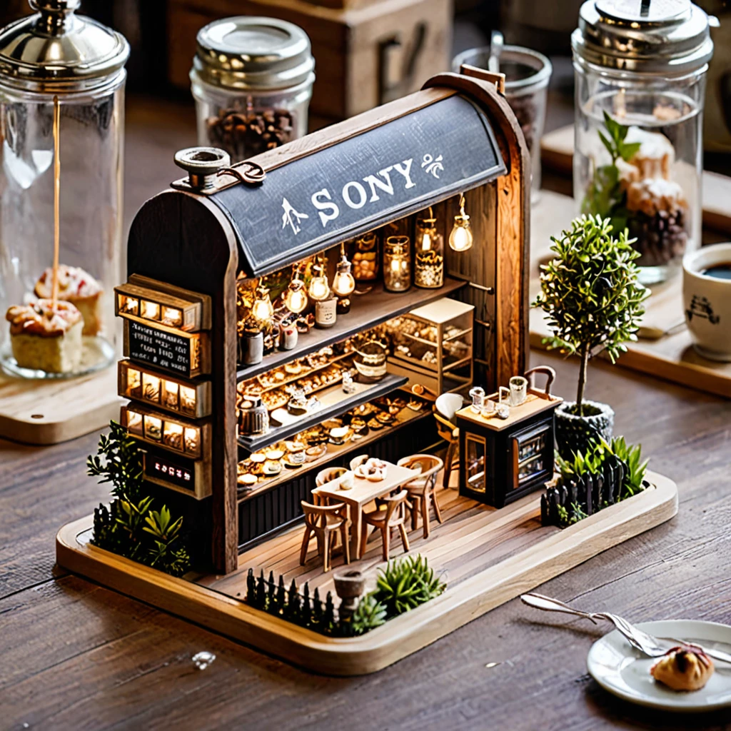 (masterpiece, top quality, best quality),(ultra-detailed, absolutely resolution),((16k, high res)),

BREAK {The miniature material is unified with balsa wood}, 

BREAK {miniature café inside a glass bottle. The café should feature tiny tables and chairs, a counter with a coffee machine, and shelves with pastries and coffee cups. The glass bottle should be clear and placed on a surface, with soft natural lighting to highlight the intricate details of the café setup. Include small decorative elements like potted plants, hanging lights, and a chalkboard menu to enhance the cozy atmosphere}

BREAK { (produces images with information more than 40 million pixels with cinematic-like detailed textures shot on a Sony SLR).}