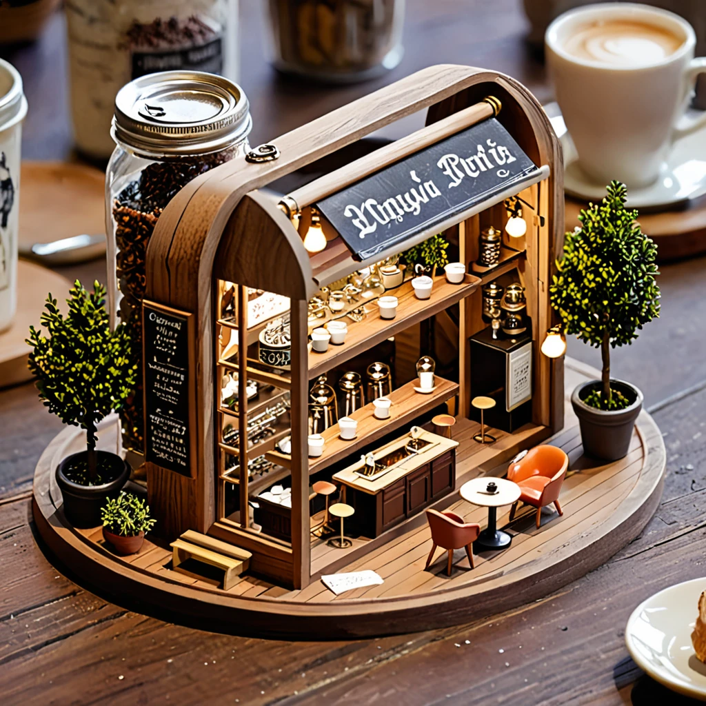 (masterpiece, top quality, best quality),(ultra-detailed, absolutely resolution),((16k, high res)),
BREAK {The miniature material is unified with balsa wood},
BREAK {miniature café inside a glass bottle. The café should feature tiny tables and chairs, a counter with a coffee machine, and shelves with pastries and coffee cups. The glass bottle should be clear and placed on a surface, with soft natural lighting to highlight the intricate details of the café setup. Include small decorative elements like potted plants, hanging lights, and a chalkboard menu to enhance the cozy atmosphere}
BREAK { (produces images with information more than 40 million pixels with cinematic-like detailed textures shot on a Sony SLR).}