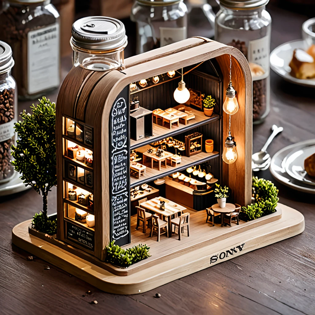 (masterpiece, top quality, best quality),(ultra-detailed, absolutely resolution),((16k, high res)),
BREAK {The miniature material is unified with balsa wood},
BREAK {miniature café inside a glass bottle. The café should feature tiny tables and chairs, a counter with a coffee machine, and shelves with pastries and coffee cups. The glass bottle should be clear and placed on a surface, with soft natural lighting to highlight the intricate details of the café setup. Include small decorative elements like potted plants, hanging lights, and a chalkboard menu to enhance the cozy atmosphere}
BREAK { (produces images with information more than 40 million pixels with cinematic-like detailed textures shot on a Sony SLR).}
