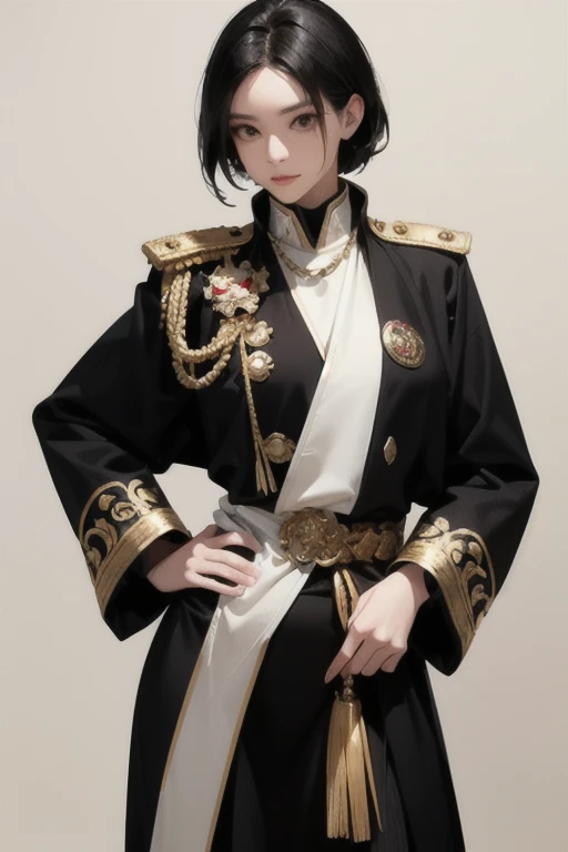 sHe has short black hair, dark brown eyes, wearing a white naval uniform with black and gold accents and a katana sword often at her left hip. wearing a more ornate version, with gold epaulets and frog clasps down in the front of the jacket. SPARKLE; GLITTER
