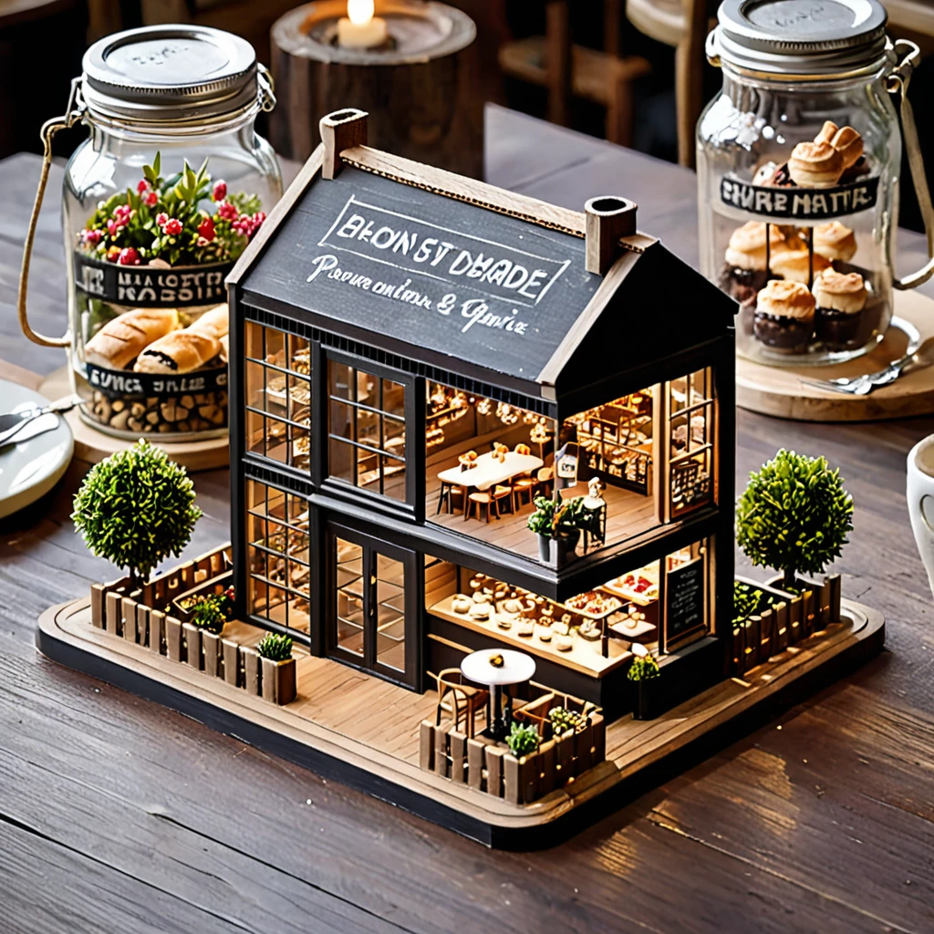 (masterpiece, top quality, best quality),(ultra-detailed, absolutely resolution),((16k, high res)),
BREAK {The miniature material is unified with balsa wood},
BREAK {miniature café inside a glass bottle. The café should feature tiny tables and chairs, a counter with a coffee machine, and shelves with pastries and coffee cups. The glass bottle should be clear and placed on a surface, with soft natural lighting to highlight the intricate details of the café setup. Include small decorative elements like potted plants, hanging lights, and a chalkboard menu to enhance the cozy atmosphere}
BREAK { (produces images with information more than 40 million pixels with cinematic-like detailed textures shot on a Sony SLR).}
