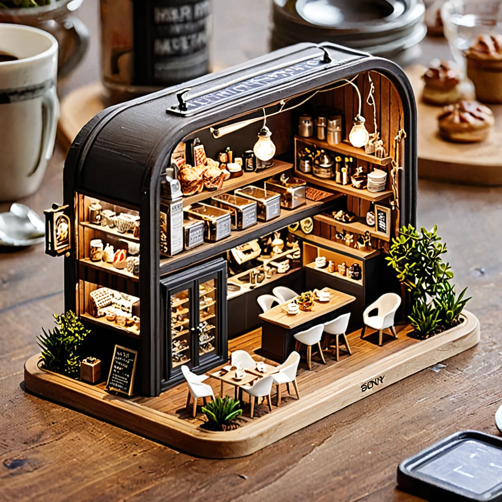 (masterpiece, top quality, best quality),(ultra-detailed, absolutely resolution),((16k, high res)),
BREAK {The miniature material is unified with balsa wood},
BREAK {miniature café inside a glass bottle. The café should feature tiny tables and chairs, a counter with a coffee machine, and shelves with pastries and coffee cups. The glass bottle should be clear and placed on a surface, with soft natural lighting to highlight the intricate details of the café setup. Include small decorative elements like potted plants, hanging lights, and a chalkboard menu to enhance the cozy atmosphere}
BREAK { (produces images with information more than 40 million pixels with cinematic-like detailed textures shot on a Sony SLR).}