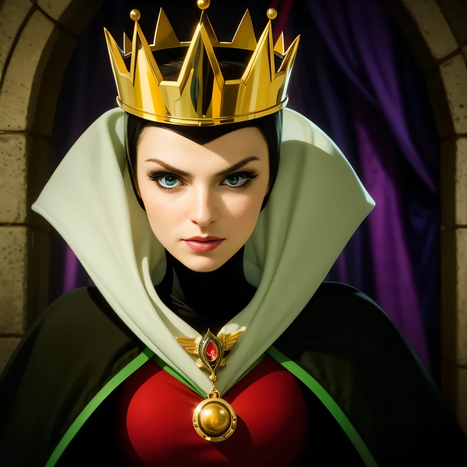 work of art, best qualityer, face detailed, perfects eyes, Evil queen, black cowl, mirror behind her, gazing at viewer,