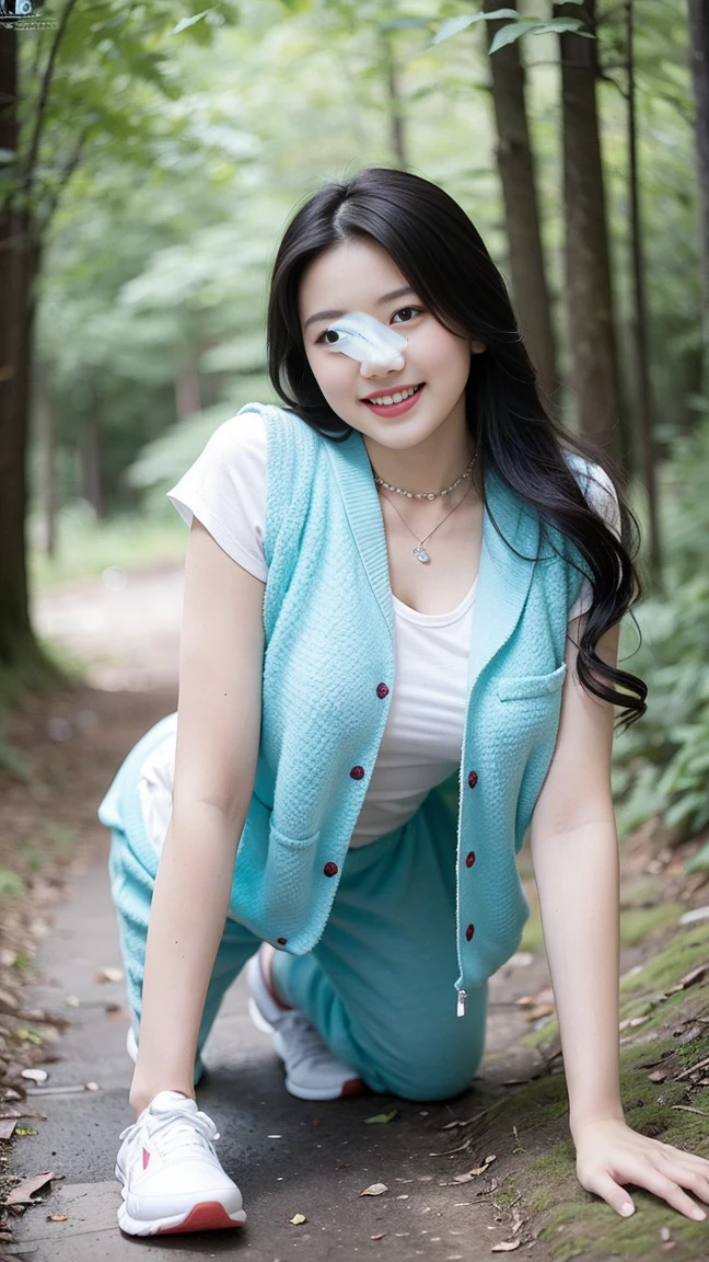masterpiece, best quality, Surreal, Ultra Detailed, 8k resolution, RAW photos, Clear focus,Beautiful Korean woman, 36 inch chest size, Smile, Wearing a patterned vest, necklace,Long sweatpants,Full body posture, White shoes,Solitary, Perfect body, Become a,(a charming smile:1), (sexy pose),(A girl in the forest),