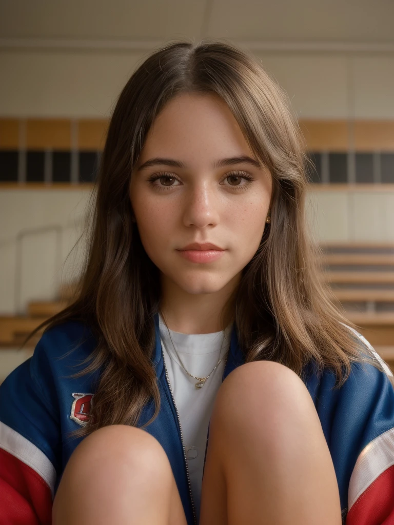 ((Close-up portrait):1.5), A beautiful 22-year-old girl, in a high school in the 90s, sitting on a bleacher, looking at the viewer, wearing a vintage American soccer jacket. ((22-year-old girl:1.5)), ((vintage American soccer jacket:1.5)), ((looking at the viewer:1.5)), (sitting in a bleacher:1.2), (90s themed:1.3), (high school:1.2), 16k, UHD, best quality, high details, anatomically correct, masterpiece, ambient lighting.