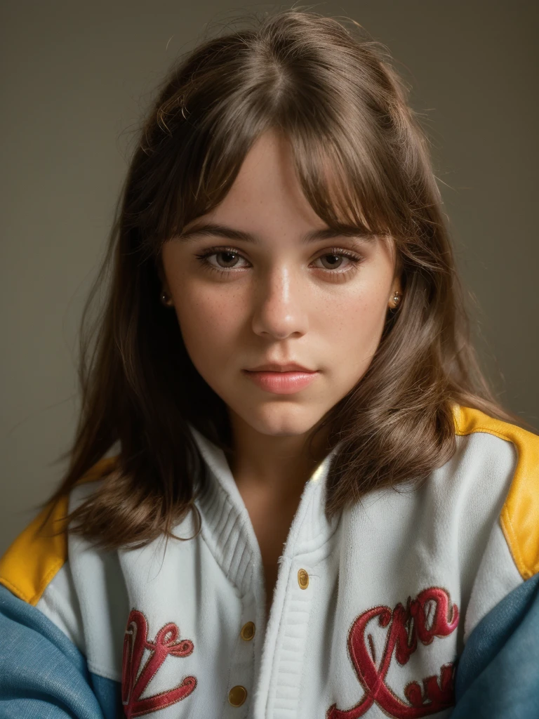 ((Close-up portrait):1.5), A beautiful 22-year-old girl, in a high school in the 90s, sitting on a bleacher, looking at the viewer, wearing a vintage American soccer jacket. ((22-year-old girl:1.5)), ((vintage American soccer jacket:1.5)), ((looking at the viewer:1.5)), (sitting in a bleacher:1.2), (90s themed:1.3), (high school:1.2), 16k, UHD, best quality, high details, anatomically correct, masterpiece, ambient lighting.