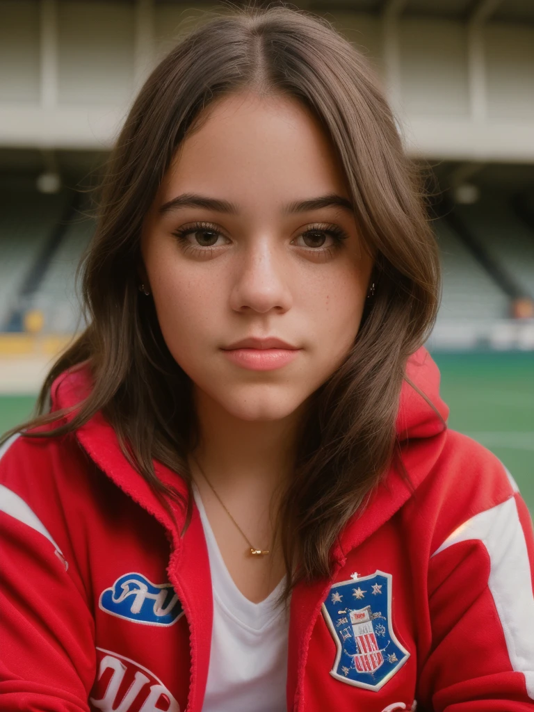 ((Close-up portrait):1.5), A beautiful 22-year-old girl, in a high school in the 90s, sitting on a bleacher, looking at the viewer, wearing a vintage American soccer jacket. ((22-year-old girl:1.5)), ((vintage American soccer jacket:1.5)), ((looking at the viewer:1.5)), (sitting in a bleacher:1.2), (90s themed:1.3), (high school:1.2), 16k, UHD, best quality, high details, anatomically correct, masterpiece, ambient lighting.