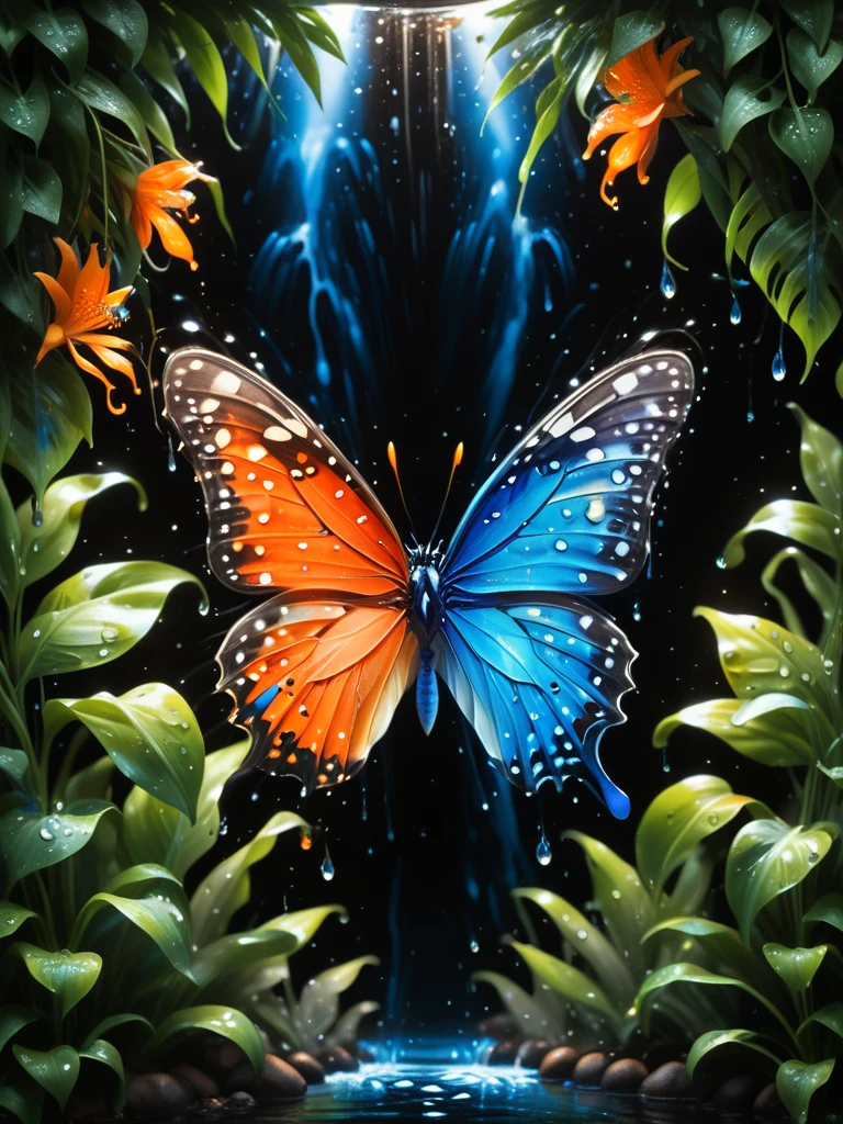 Lush plants,Cheetah descends from the jungle ,1 leopard,Orange glare,black and white,Dark background,photoPractical,Practical,high quality,high resolution,Extremely detailed,masterpiece,工作室light,light,戏剧light,Blue glowing butterfly,Water drops on leaves