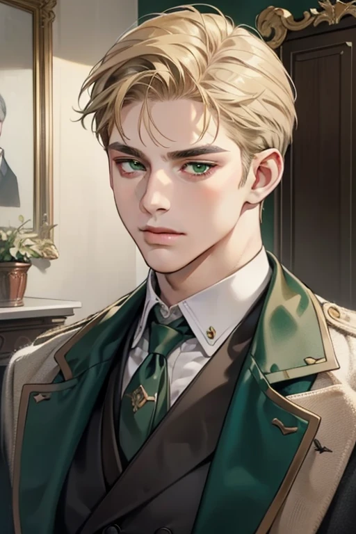 masterpiece, best quality, realistic, 1man, mature male, quiet and charming young man, 18 years old, look serious, closed mouth, portrait, extremely detailed face, smirk, ((dark green eyes)), ((short-side-swept sandy blonde hair)), [thick eyebrows], town setting, ((detective)) (full body), (19 century London), close up