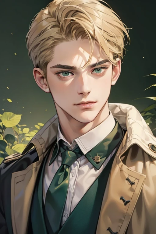 masterpiece, best quality, realistic, 1man, mature male, quiet and charming young man, 18 years old, look serious, closed mouth, portrait, extremely detailed face, smirk, ((dark green eyes)), ((short-side-swept sandy blonde hair)), [thick eyebrows], town setting, ((detective)) (full body), (19 century London), close up