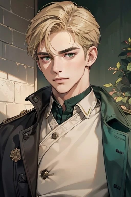 masterpiece, best quality, realistic, 1man, mature male, quiet and charming young man, 18 years old, look serious, closed mouth, portrait, extremely detailed face, smirk, ((dark green eyes)), ((short-side-swept sandy blonde hair)), [thick eyebrows], town setting, ((detective)) (full body), (19 century London), close up
