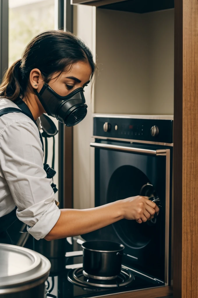 A person fumigating a kitchen wearing a gas mask