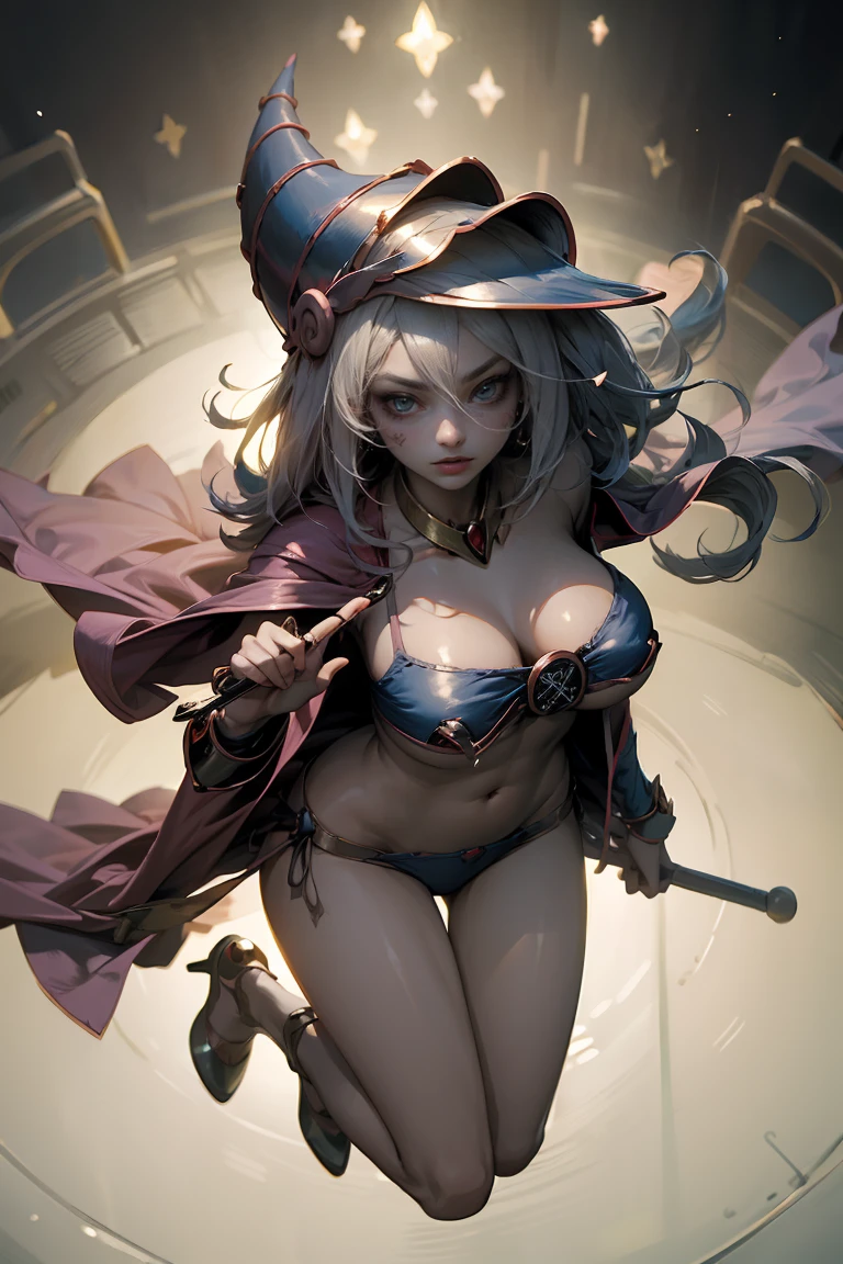(Masterpiece:1.2), (The best quality:1.2), perfect lighting, Dark Magician Girl casting a spell, floating in the air, big tits, neckline, magic background. Transparent hearts in the air, blue robe, big hat, From above, sparkles, Yugioh Card in the background. In heels and a bikini
