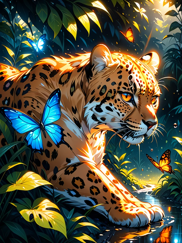 Lush plants,Cheetah catching butterfly in the jungle ,1 leopard,Orange glare,black and white,Dark background,photoPractical,Practical,high quality,high resolution,Extremely detailed,masterpiece,工作室light,light,戏剧light,Blue glowing butterfly,Water drops on leaves