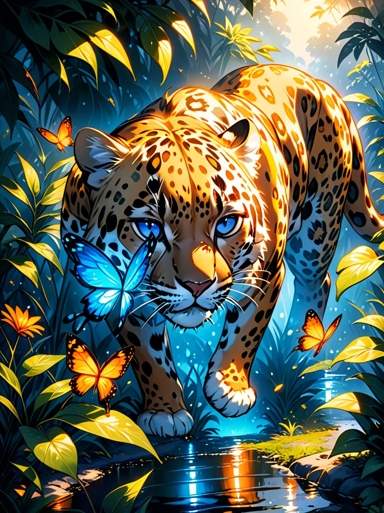 Lush plants，Cheetah catching butterfly in the jungle ,1 leopard,Orange glare,black and white,Dark background,photoPractical,Practical,high quality,high resolution,Extremely detailed,masterpiece,工作室light,light,戏剧light，Blue glowing butterfly，Water drops on leaves