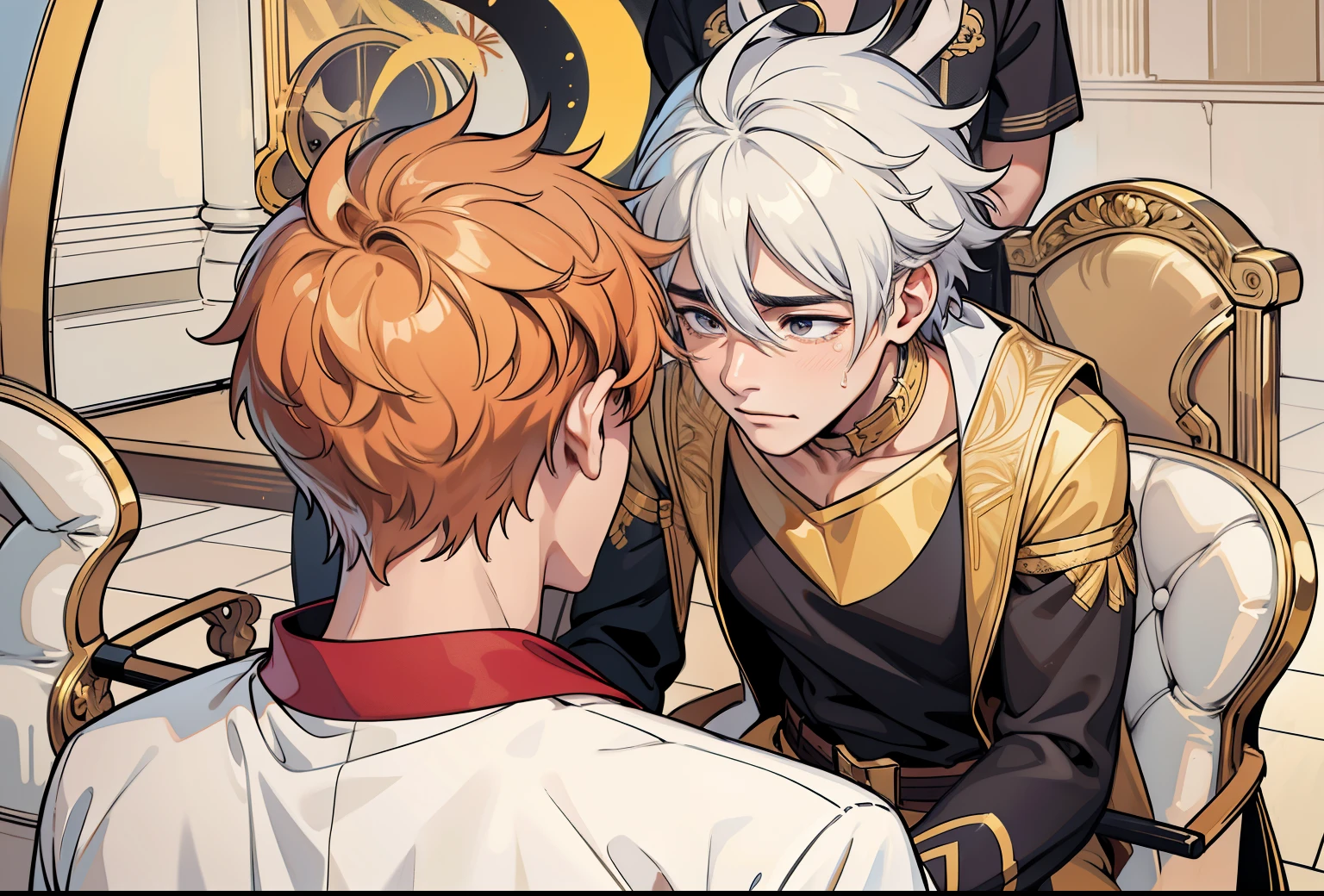 He is talking and golden tears are coming out of his eyes. His tears are golden gold.