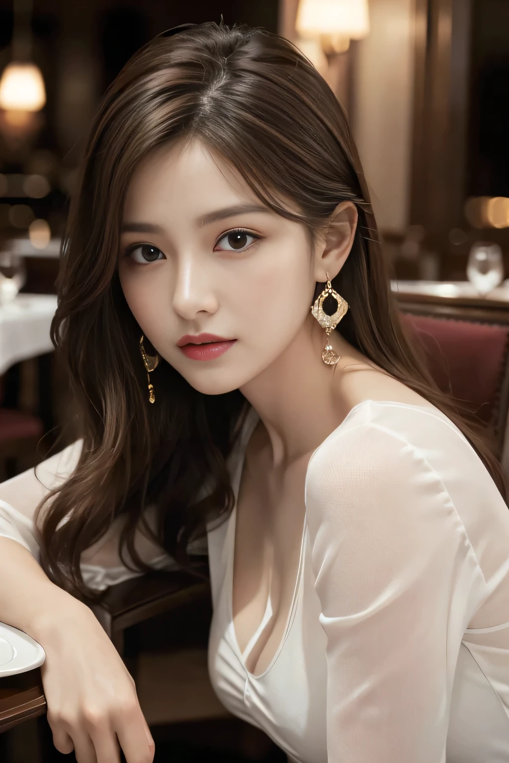 masterpiece, Highest quality, Realistic, Very detailed, Finer details, High resolution, 8k wallpaper, One beautiful woman, Wear an elegant see-through shirt, In a great restaurant, At night, Light brown messy hair, Perfect dynamic composition, Beautiful and beautiful eyes、Big earrings、Sit on a chair、