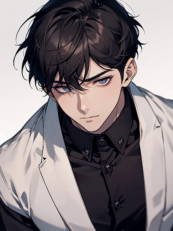 ultra detail,Haig Quality,outline,1 young boy,mature male,beautiful face,(black short hair),handsome man,Pearl skin,shirt white short-sleeved,droopy eyes,japanese high school,dynamic angle,japanese anime,all-body,Look ahead