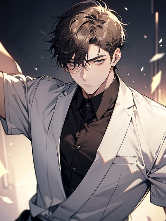 ultra detail,Haig Quality,outline,1 young boy,mature male,beautiful face,(black short hair),handsome man,Pearl skin,shirt white short-sleeved,droopy eyes,japanese high school,dynamic angle,japanese anime,all-body,Look ahead