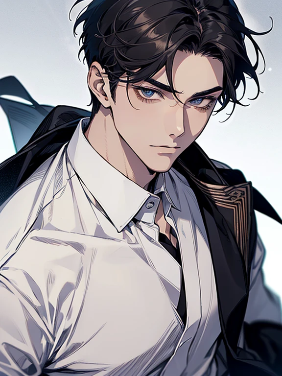 ultra detail,Haig Quality,outline,ung boy,mature male,beautiful face,(black short hair),handsome man,Pearl skin,shirt white short-sleeved,droopy eyes,japanese high school,dynamic angle,japanese anime,all-body,Look ahead