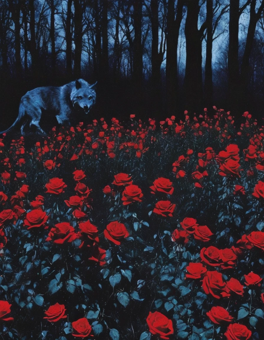 film photography, vintage, long view of red roses field with horror creatures , blue dark forest night background
