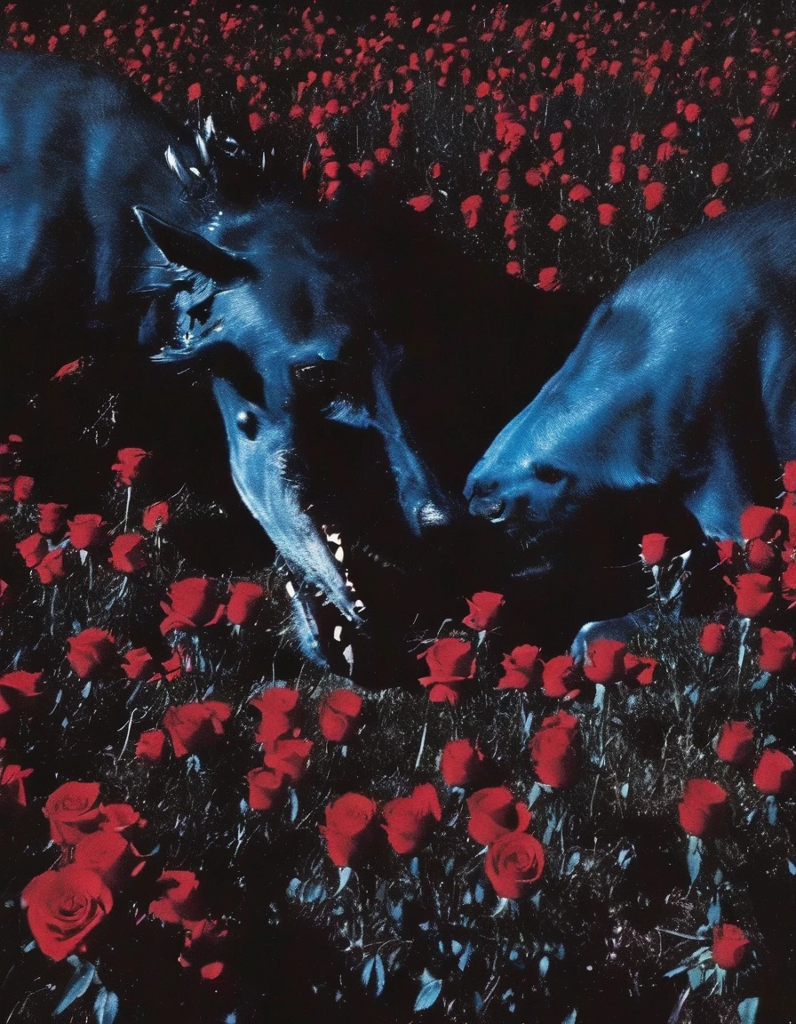film photography, vintage, long view of red roses field with horror creatures , blue dark forest night background
