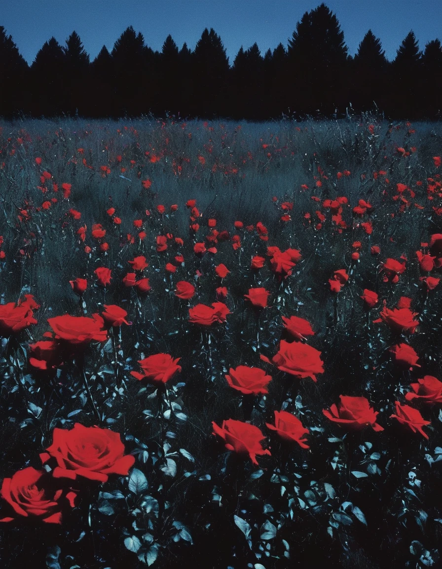 film photography, vintage, long view of red roses field with horror creatures , blue dark forest night background