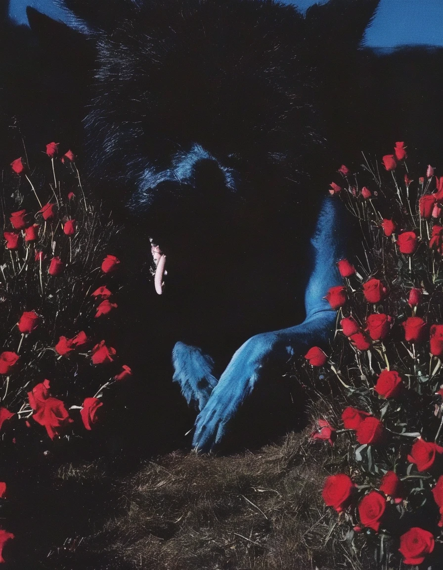 film photography, vintage, long view of red roses field with horror creatures , blue dark forest night background