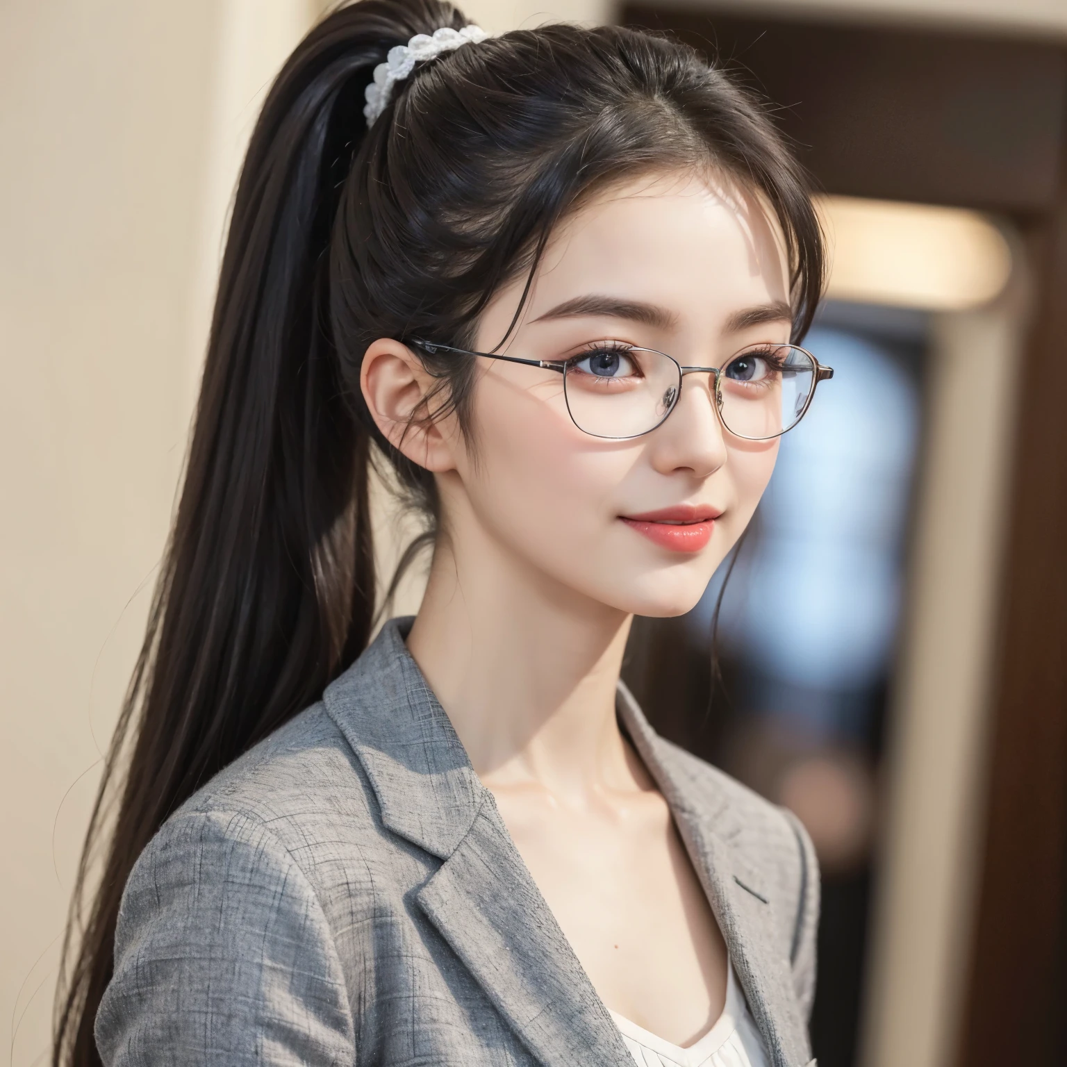 (Best quality, masterpiece, detailed), (RAW, 4k, hd images), shy, 1 girl, , white skin, long hair, ponytail, layers hair, bangs, black hair, beautiful girl, cute girl, sweet girl, pretty girl, perfect girl, pretty eyes, blue eyes, thin lips, thin, (eye line, lip stick soft) perfect , glasses(detailed frame), indoors, smile, half body, formal clothes, close up