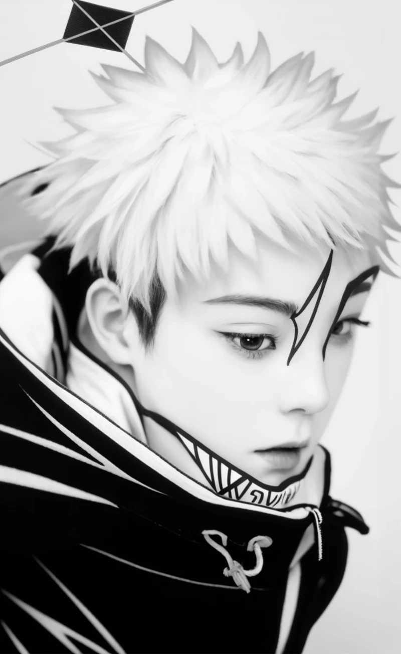 a close-up of a person with a black and white photo, ichigo kurosaki, black and white manga style, Awesome anime face portrait, cai xukun, inspired by Ren Renfa, anime style mixed with fujifilm, anime style digital art, por Jin Nong, inspired by Bian Shoumin, kpop idol portrait, inspired by Kun Can, ichigo