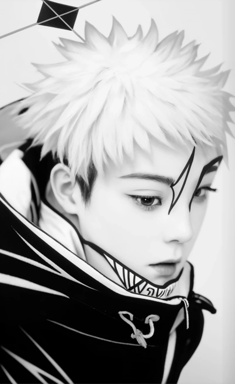 a close-up of a person with a black and white photo, ichigo kurosaki, black and white manga style, Awesome anime face portrait, cai xukun, inspired by Ren Renfa, anime style mixed with fujifilm, anime style digital art, por Jin Nong, inspired by Bian Shoumin, kpop idol portrait, inspired by Kun Can, ichigo