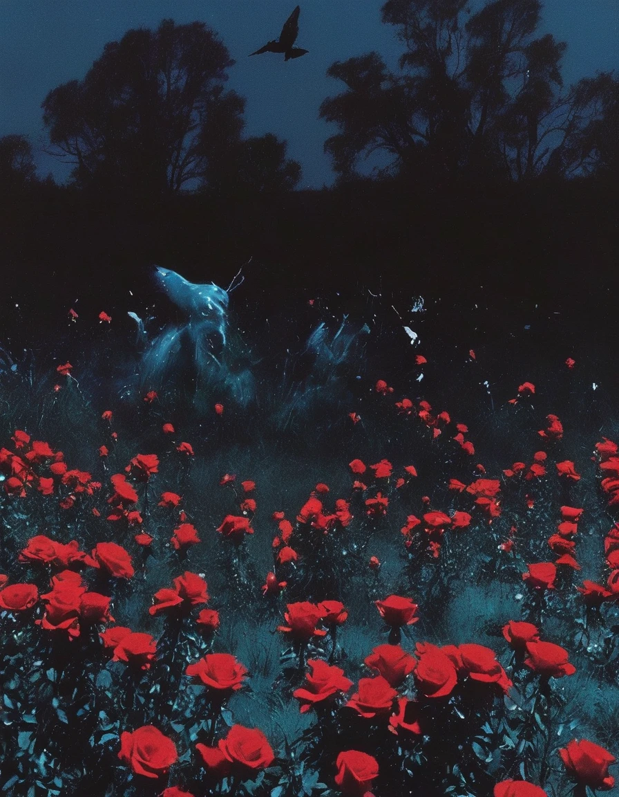 film photography, vintage, long view of red roses field with many small black horror creatures , blue dark forest night background