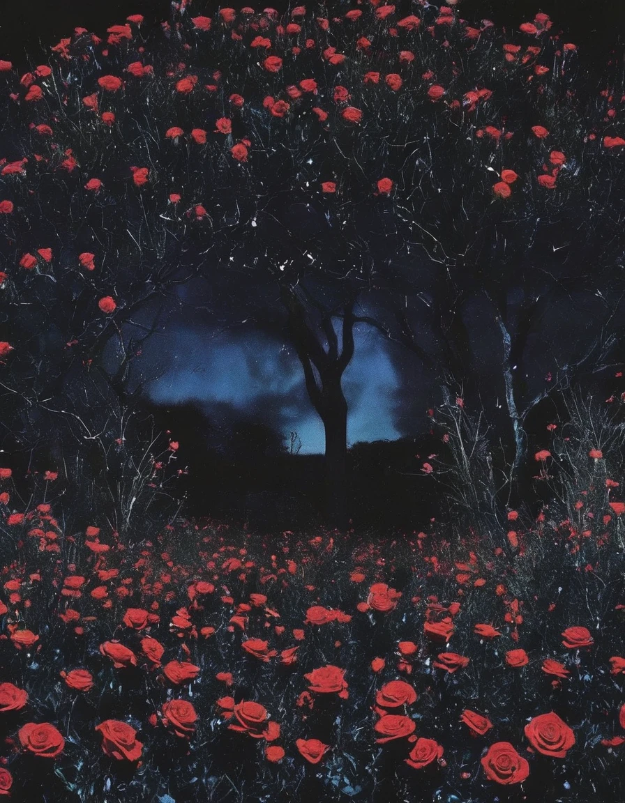 film photography, vintage, long view of red roses field with many small black horror creatures , blue dark forest night background