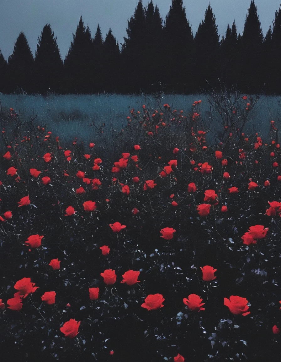 film photography, vintage, long view of red roses field with many small black horror creatures , blue dark forest night background