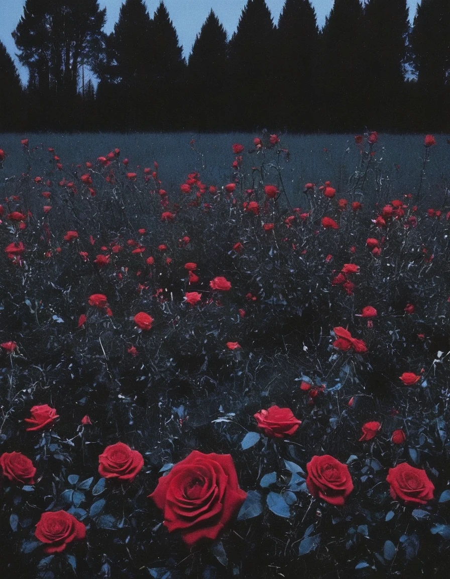 film photography, vintage, long view of red roses field with many small black horror creatures , blue dark forest night background