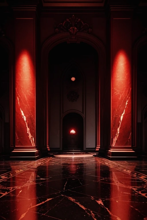 Create an image of a dark and sinister room. In the center of the room, there is a circular area illuminated by an intense and menacing red light. In the middle of this illuminated area, there is a dark marble tomb elevated on a pedestal. The red light casts dramatic and unsettling shadows that spread across the floor and walls of the room. The atmosphere should be dark and mysterious, evoking a sense of fear and reverence.