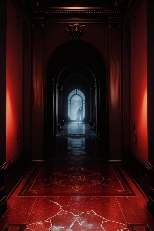 Create an image of a dark and sinister room. In the center of the room, there is a circular area illuminated by an intense and menacing red light. In the middle of this illuminated area, there is a dark marble tomb elevated on a pedestal. The red light casts dramatic and unsettling shadows that spread across the floor and walls of the room. The atmosphere should be dark and mysterious, evoking a sense of fear and reverence.