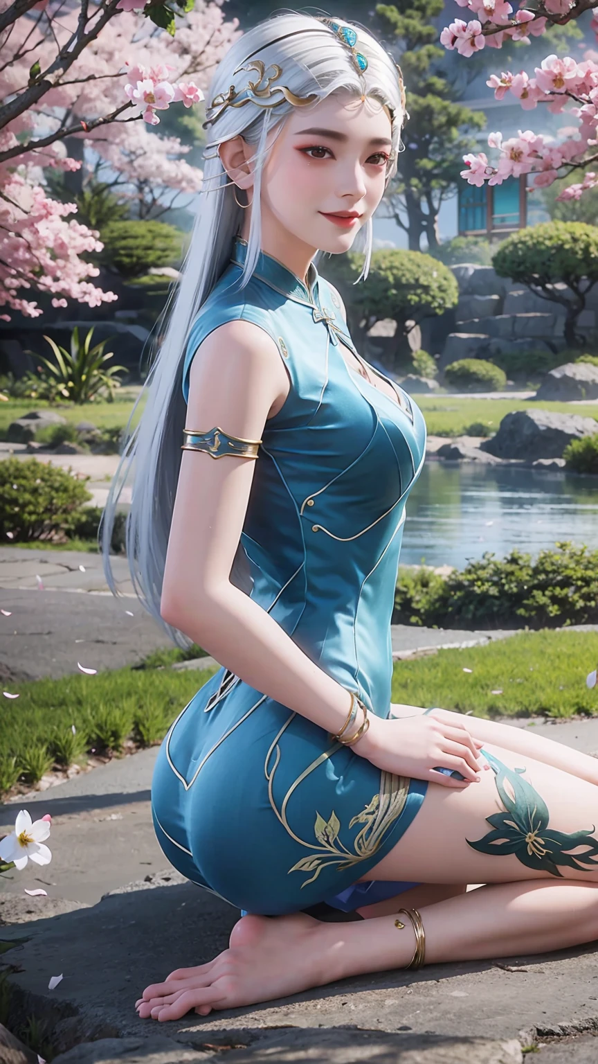 Miss,20 years old,(((Silk cheongsam))),,Open mouth smile((White hair)),blush、,((Look back))()Reflecting the buttocks，whole body，barefoot，Cherry Blossom Forest