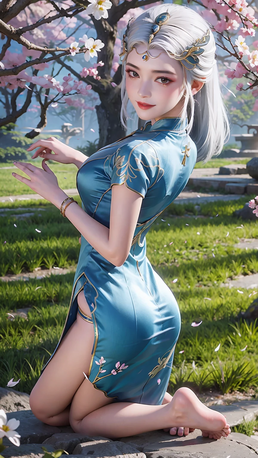 Miss,20 years old,(((Silk cheongsam))),,Open mouth smile((White hair)),blush、,((Look back))()Reflecting the buttocks，whole body，barefoot，Cherry Blossom Forest