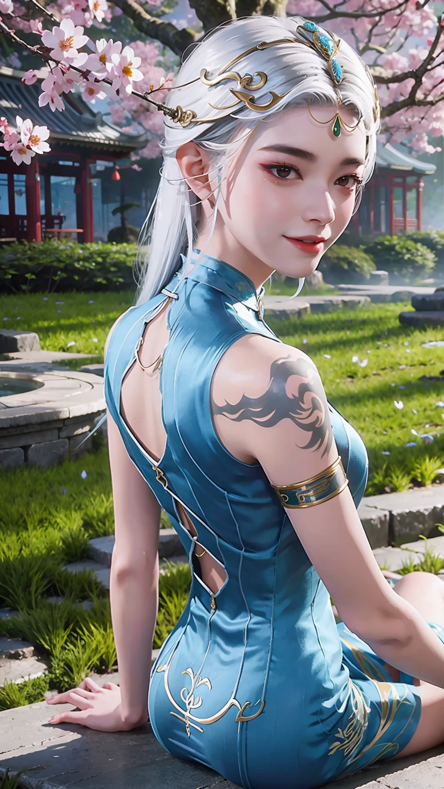 Miss,20 years old,(((Silk cheongsam))),,Open mouth smile((White hair)),blush、,((Look back))()Reflecting the buttocks，whole body，barefoot，Cherry Blossom Forest