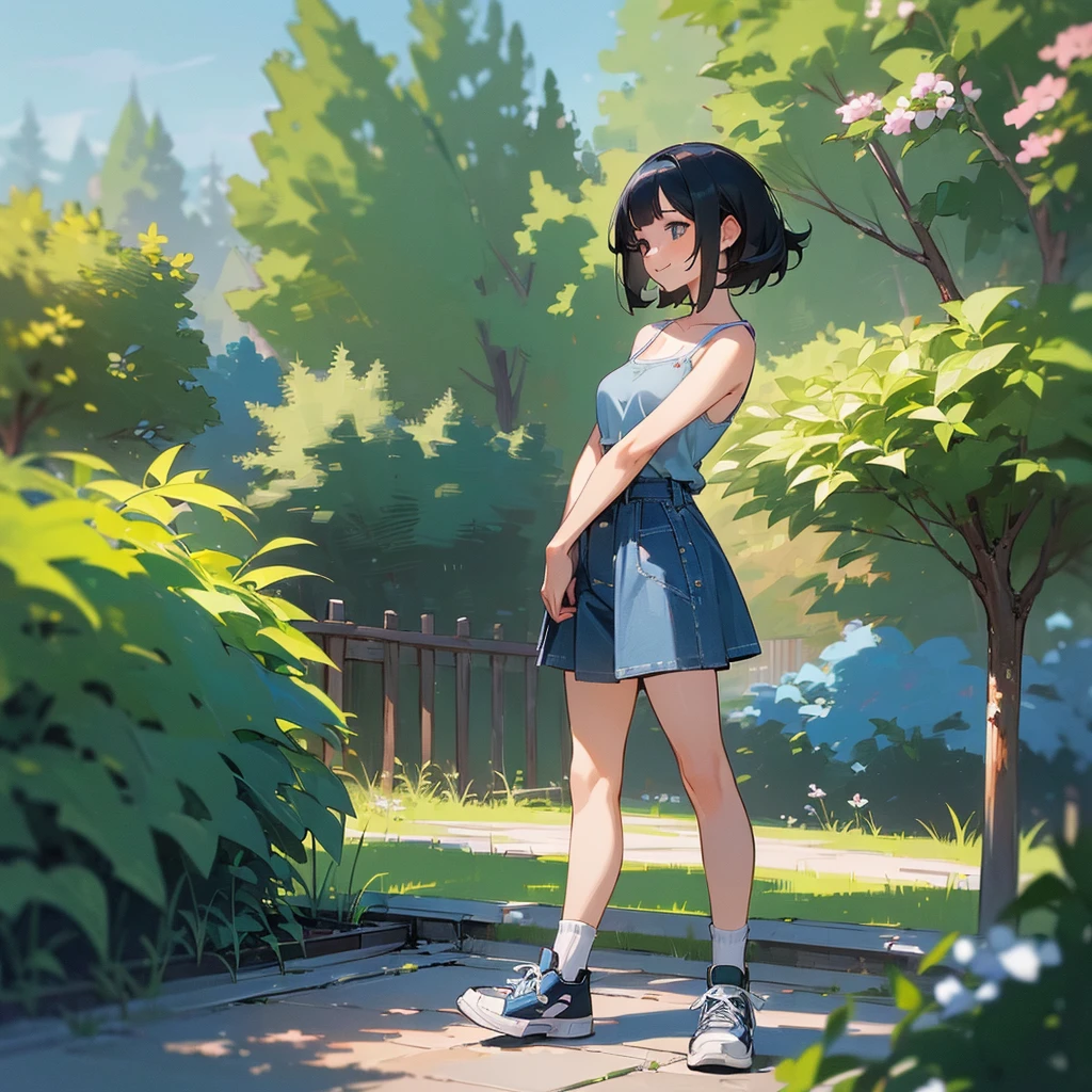 (high quality, High resolution, Very detailed, reality:1.37), Peaceful atmosphere, (Outdoor, garden), age girl standing alone, (my breasts are big.), Beautiful details, Cute Smile, (Black bob hair), camisole, Denim skirt, Blue socks, sneakers.