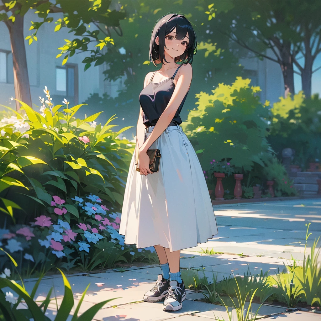 (high quality, High resolution, Very detailed, reality:1.37), Peaceful atmosphere, (Outdoor, garden), Teenage girl standing alone, (my  are big.), Beautiful details, Cute Smile, (Black bob hair), camisole, Denim skirt, Blue socks, sneakers.