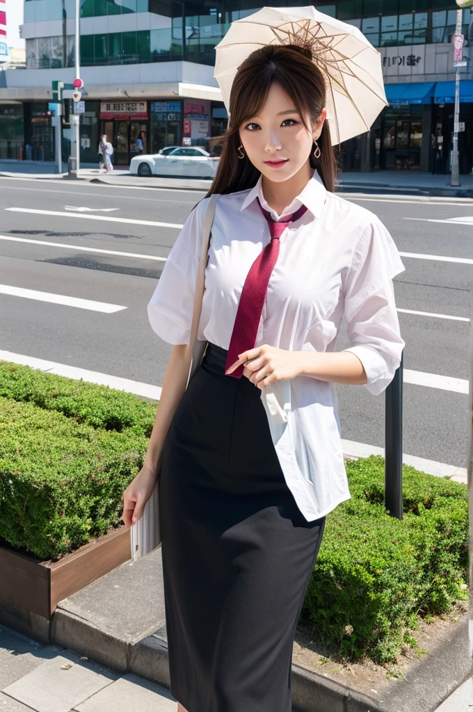((Highest quality)), ((masterpiece)), (detailed), Japanese,Street Corner,Beauty,Office Lady