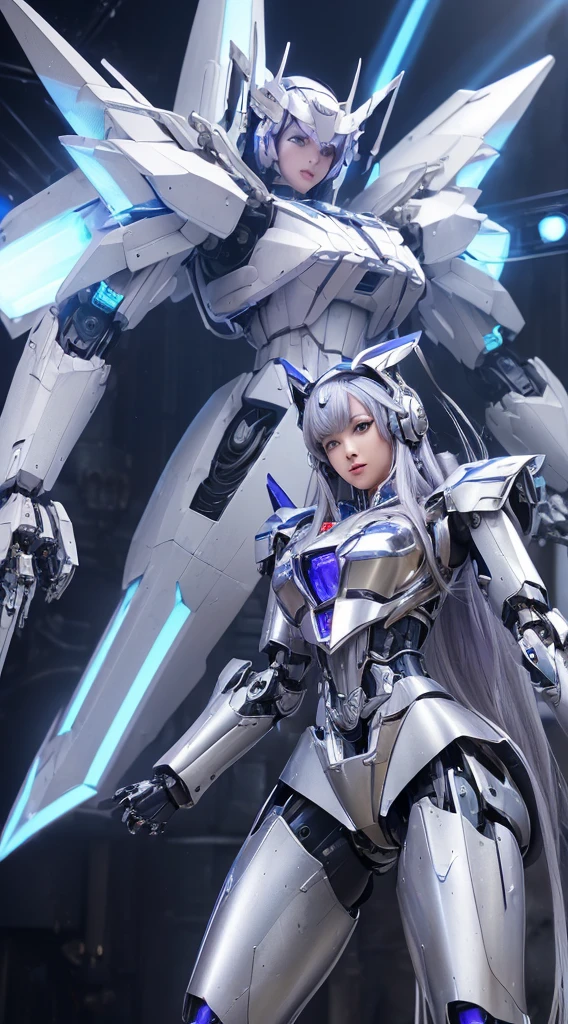 ((Intense action pose:1.6))、((Shining lenses on both breasts:1.3))、((Blue pillars of light are emanating from both chests.:1.3))、smile、((8K)), ((32k)), ((Highest quality)), ((masterpiece)), ((超A high resolution)), ((Tmasterpiece)), ((Halation:1.4))、((Mechaニカルheadgear:1.2))、((Cyber headphones:1.3))、Fine skin, High quality fabric, Fine metal texture、((Beautiful and dense face))、RAW Photos、Professional, Ultra-fine painting, ((alone)), Beautiful breasts、Highest quality, Very detailed, Very detailed詳細, Finer details, so beautiful, ((Princess Knight Robot:1.2)), (Joints of machines, Mechanical Limbs:1.3), (The internal structure of the machine is exposed:1.3), (Long silver hair:1.1), (Beautiful and huge mechanical breasts)、White Veil, cowboy_shot, Side Focus, headgear, Shiny、(Five Fingers, Four fingers and thumb),Concept Art, Anime fantasy artwork, Detailed fantasy art, (with pale blue-violet hair and large white wings,,,,,,,), (((Long silver hair))), (Mecha:1.6)、Sleek and intimidating design, ((Commander-in-Chief'arm)), (Perfect robot body)、純白と青紫armまたは, Symmetrical wings, 8K high quality, detailed art, 3D rendering of character art in 8K, neat legs, Defined, Defined fingers,